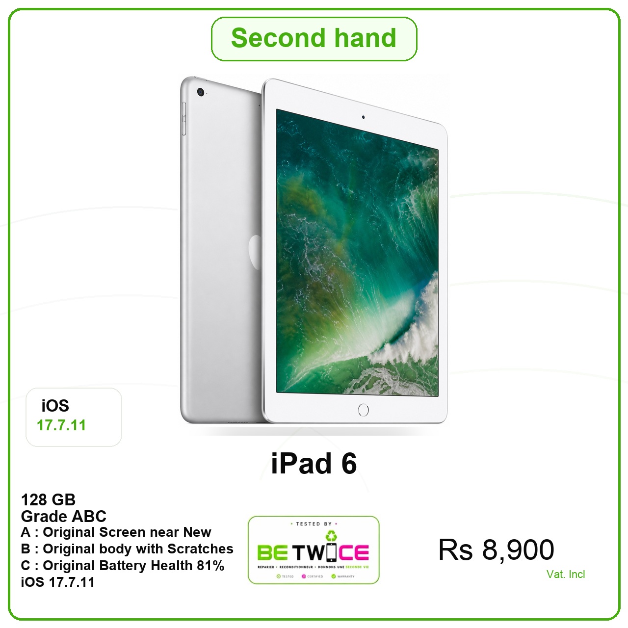 iPad 6 - 128 GB - Silver - Grade ABC