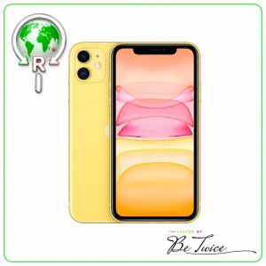 iPhone 11 jaune 64 Go reconditionné, grade ABA, badge R Be Twice, vues avant et arrière.